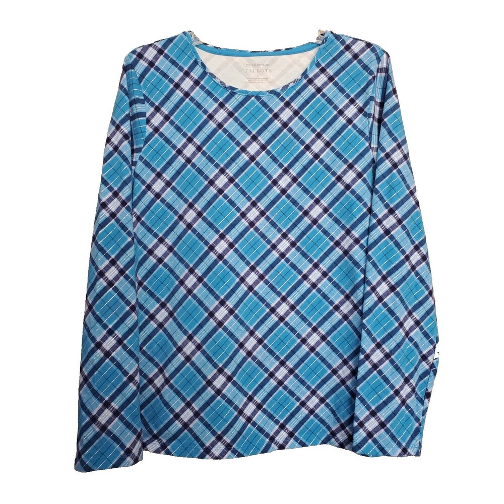 Talbots Cotton/Spandex Blue Plaid Silver Shimmer Crew Neck T-Shirt Size Large